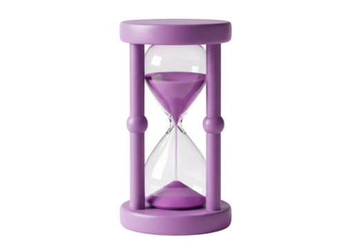 A purple hourglass with sand slowly flowing through the glass, isolated on transparent background