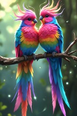 Fototapeta premium Two colorful parrots are perched on a branch. 
