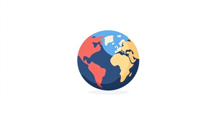 Fototapeta premium A simplified, stylized globe illustration featuring predominantly red, blue, and yellow landmasses on a dark blue background, casting a subtle shadow