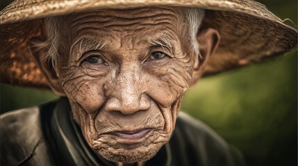 Close-up portrait of an elderly Asian man with deep wrinkles and intense gaze, wearing a wide straw hat. Shot outdoors with warm light and soft green background.