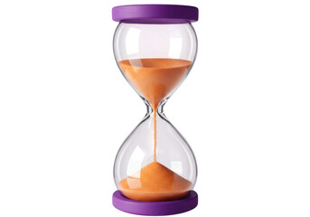 An hourglass with orange sand inside and purple caps, isolated on transparent background