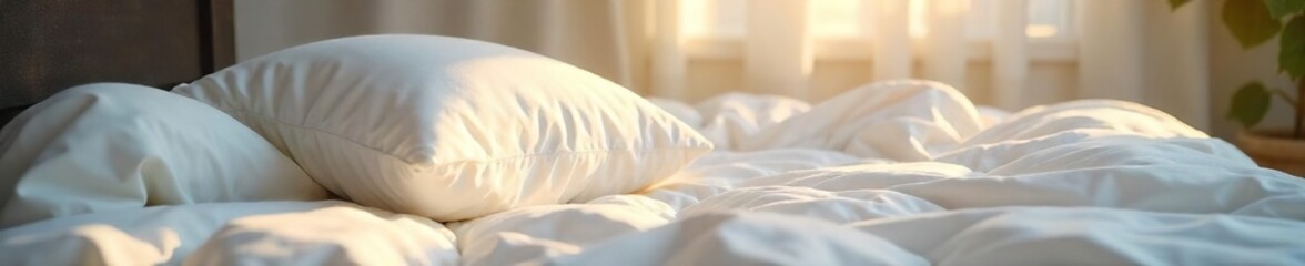 Soft, fluffy pillow resting on a plush white duvet cover, ready for a peaceful night's sleep Sunlight streams gently across the scene, creating a serene and relaxing atmosphere , comforting, calm