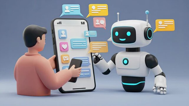 A cartoon person interacts with a robot on a smartphone displaying messages and apps
