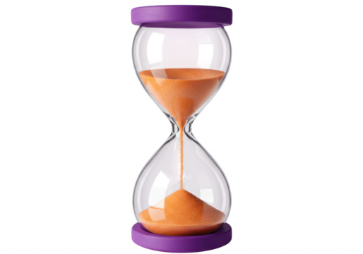 An hourglass with orange sand inside and purple caps, isolated on transparent background