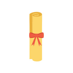 Rolled diploma certificate tied with red ribbon graduation success