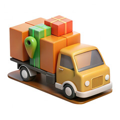 Delivery truck with packages and location pin isolated on transparent background