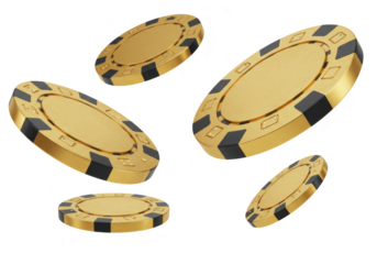 Five gold casino chips with black detailing are shown in a dynamic arrangement, isolated on transparent background