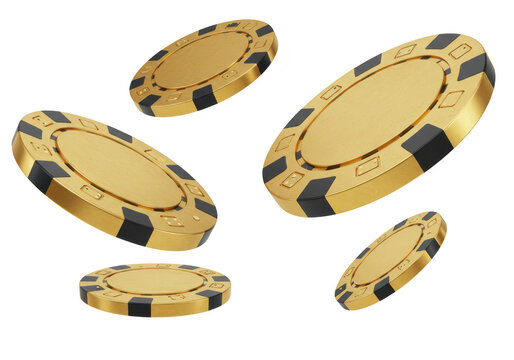 Five gold casino chips with black detailing are shown in a dynamic arrangement, isolated on transparent background