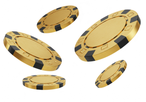 Five gold casino chips with black detailing are shown in a dynamic arrangement, isolated on transparent background