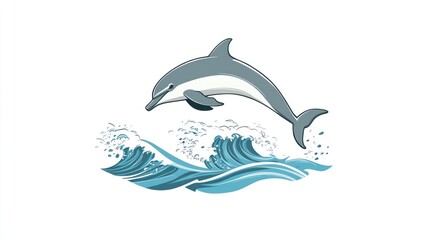 Fototapeta premium A stylized grey dolphin leaps gracefully above turquoise waves, its body arched in mid-air, against a stark white background. The waves are depicted with textured lines suggesting movement and foam