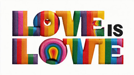 Love pride message quote backdrop for pride month with colorful textured letters expressing love is love.