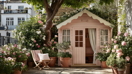 Fototapeta premium Kawaii charming pink garden shed surrounded by blooming flowers and cozy wooden chairs creates peaceful and inviting outdoor space.