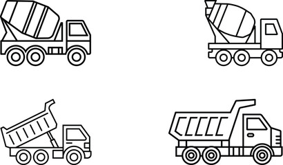 Minimalist Line Icons of Dump Trucks and Cement Mixer vehicles