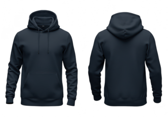 A navy blue hoodie is shown from the front and back, isolated on transparent background