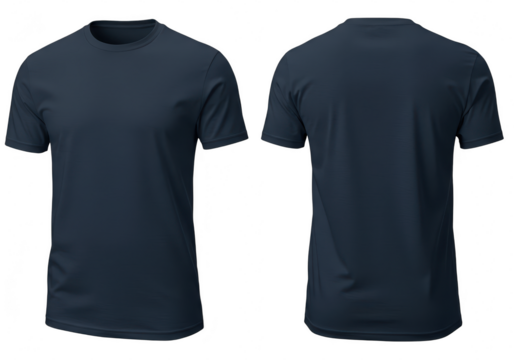 A navy blue tshirt is shown from the front and back, isolated on transparent background