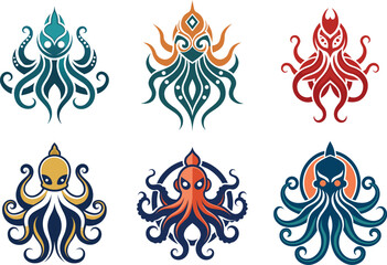 Obraz premium Six Stylish Octopus Designs Perfect for Branding Logos Icons and Graphic Design Projects
