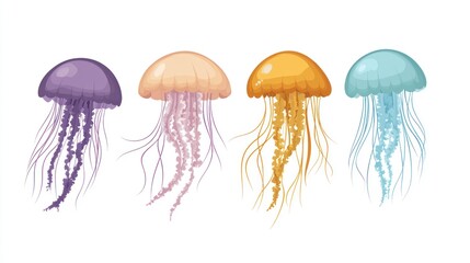 Four stylized jellyfish illustrations, each exhibiting a unique pastel color scheme (purple, peach, gold, and blue) and a matching set of flowing tentacles, set against a plain white background