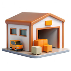 Cartoon warehouse with car and boxes isolated on transparent background