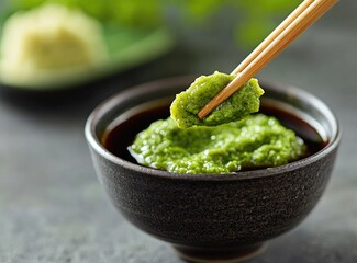 Close-up of wasabi paste being lifted from a bowl of soy sauce with chopsticks.