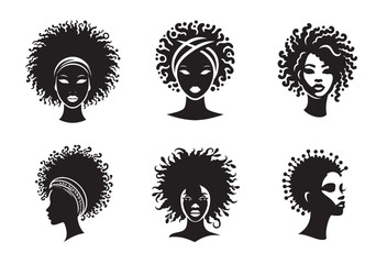 African woman face vector Silhouette hair style Vector Set