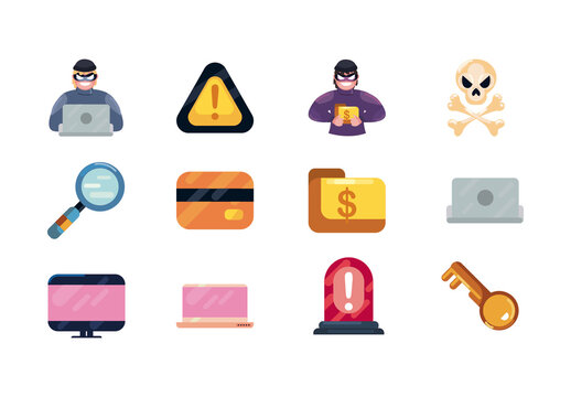 Colorful Cyber Fraud Hack Security Data Criminal Illustrations Set