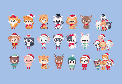 Colorful Christmas Animals Cute Winter Character Illustrations Set