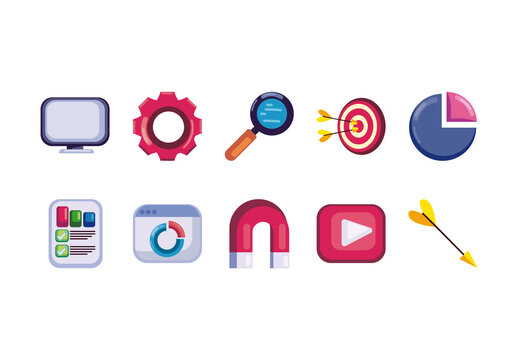 Red And Blue Marketing SEO Target Analysis Strategy Illustrations Set
