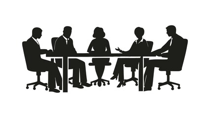 Silhouettes of business people in a cafe or office meeting are sitting at tables, meeting, and working as a team vector icon illustration on white background