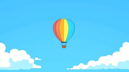 Naklejka premium A vibrantly colored hot air balloon ascends a clear, light-blue sky, floating serenely above fluffy white clouds at the bottom
