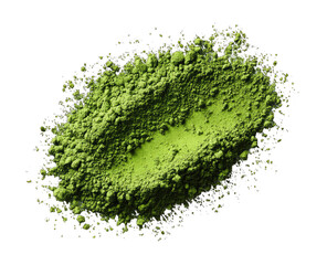 Close-up of vibrant green matcha powder, scattered in a slightly oval shape, with a hollowed-out center and dark background