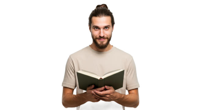 Young Man with Top Knot Reading a Book