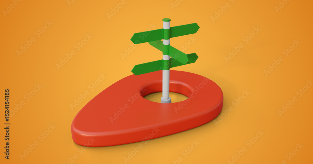 Poster red map pin with road signs in the middle on yellow background. gps pointer or navigation pin with r