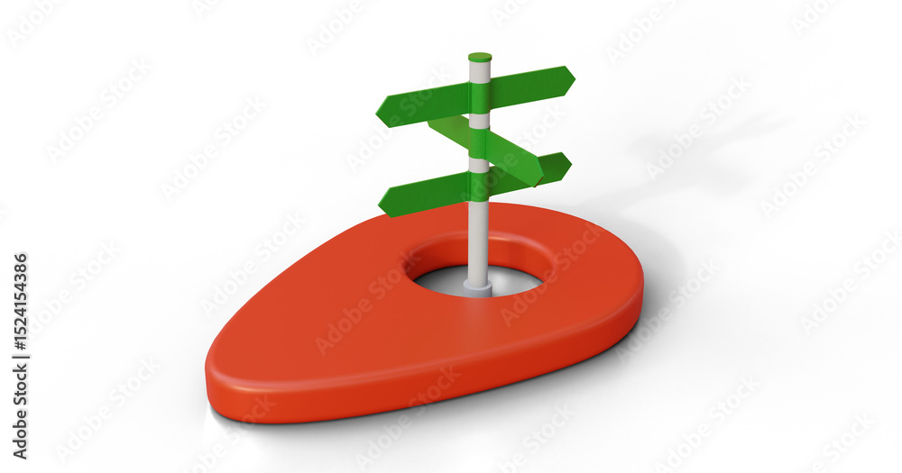 Poster red map pin with road signs in the middle on isolated background. gps pointer or navigation pin with