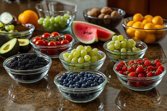 Assorted Fruits in Glass Bowls on Table &ndash; Healthy Breakfast Food and Fresh Diet Concept