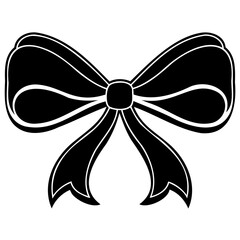 An elegant black bow with white outline and a square knot in the center design on transparent background
