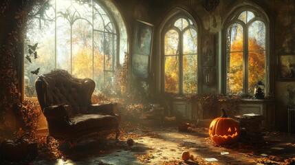 Fototapeta premium Autumnal Jack-o'-lantern in Gothic Room, Halloween, Fall Decor