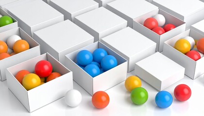 Top-down view of multicolor ping pong balls organized in separate boxes, representing data points and categories; vibrant colors, geometric layout, clean minimalistic style, data visualization concept