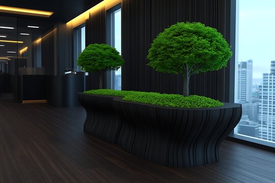 Two small trees in a planter box next to a window with a city view in a modern office space