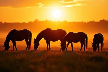 Grazing Horses at Sunset