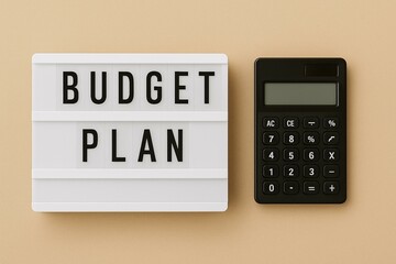 Budget Planning Concept with Calculator and Letter Board on Brown Background