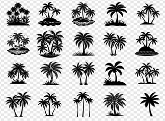 Fototapeta premium Tropical Paradise Collection of Silhouette Palm Trees, Island Scenes, and Lush Foliage Illustrations