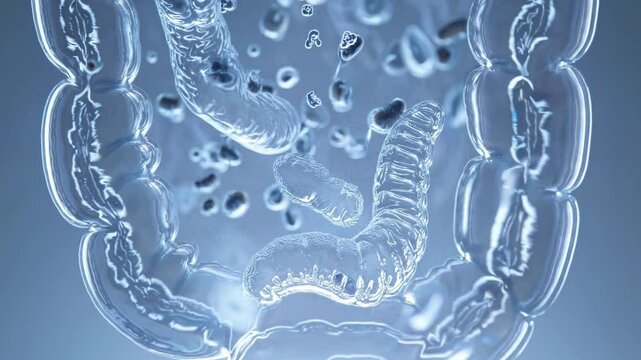 Transparent human intestine progressively filling with multiplying bacteria, visualizing intricate microbiome colonization process through detailed scientific simulation