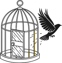 A stylized black bird escaping from an open birdcage representing freedom and liberation against a white background.