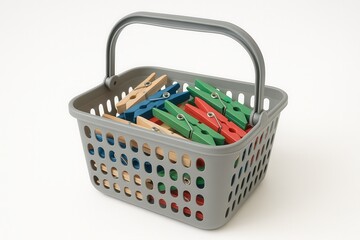 Fototapeta premium Gray plastic basket full of colorful clothespins on white background