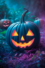 Glowing Halloween Pumpkin in Mystical Forest