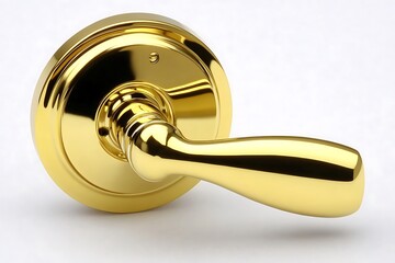 Fototapeta premium Close up shot of a shiny golden door handle with a round base on a white surface in a studio setting