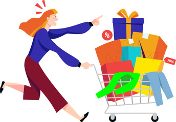 woman running for buying product vector illustration
