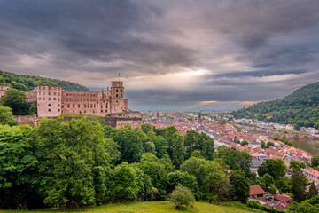 Naklejka premium Panoramic view of the beautiful town of Heidelberg, Germany. View with castle and Neckar river with old bridge.