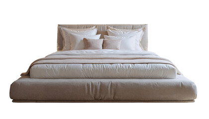 Cozy bed with bright  bedding  isolated PNG