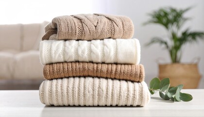 Stack of Cozy Knitwear: Neutral Tones and Winter Warmth